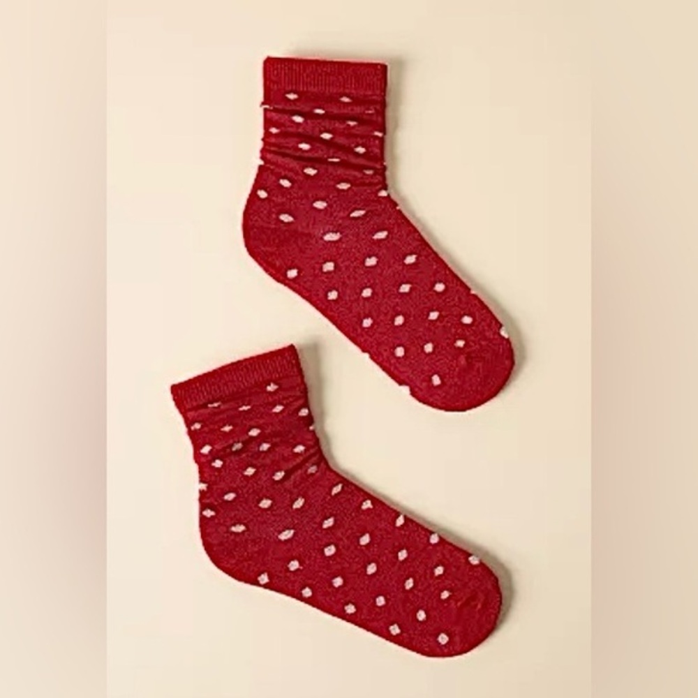 NWT ANTHROPOLOGIE LUREX CREW SOCKS POLKA Dot Print RED/ SILVER